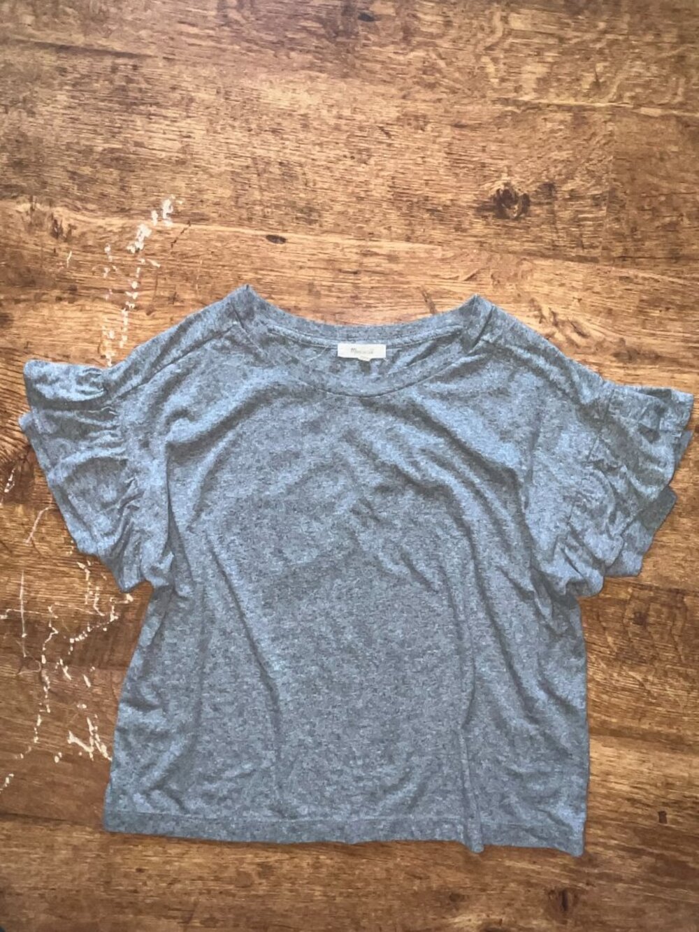Madewell Grey Cotton Tee with Ruffle Sleeve